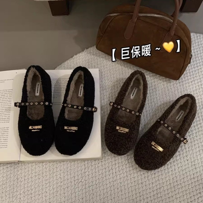 软底复古加绒毛毛鞋女外穿2025秋冬新款法式平底玛丽珍豆豆鞋棉鞋
