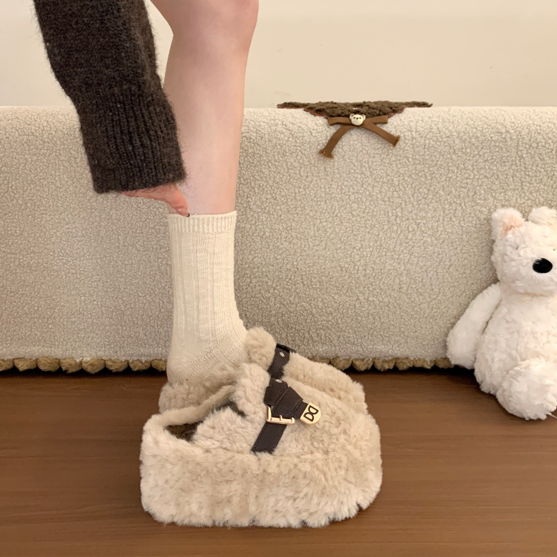厚底增高毛毛拖鞋女外穿2025冬季新款加绒保暖一脚蹬懒人包头棉拖