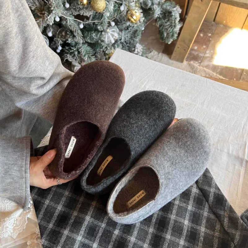 两穿毛呢加绒勃肯鞋女2025秋冬新款一脚蹬加绒棉鞋保暖毛毛豆豆鞋