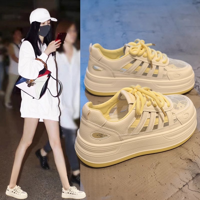 厚底小白鞋女2025新款夏季透气网面百搭休闲鞋内增高镂空运动板鞋