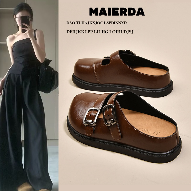 法式厚底皮面勃肯鞋包头半拖鞋女外穿2025新款秋季一脚蹬凉拖鞋子