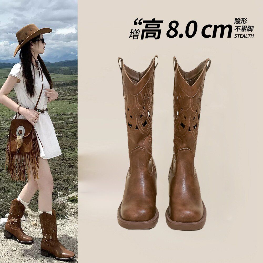 真皮棕色西部牛仔靴女2025秋季新款旅游短靴长筒骑士靴高筒马丁靴