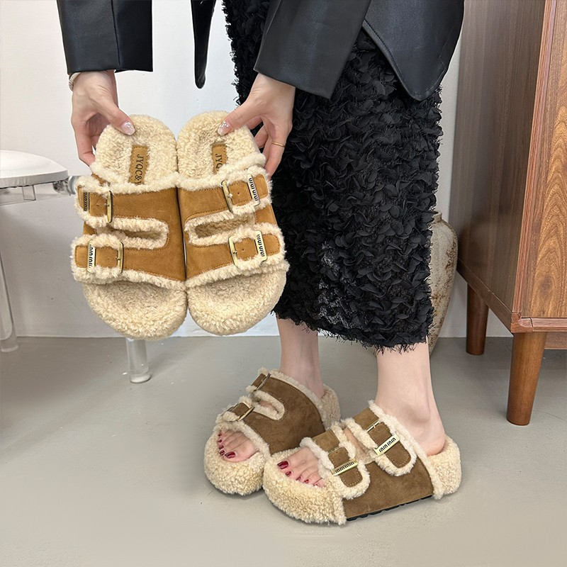 厚底增高勃肯毛毛拖鞋女外穿2025秋冬季新款毛茸茸懒人博肯棉拖鞋