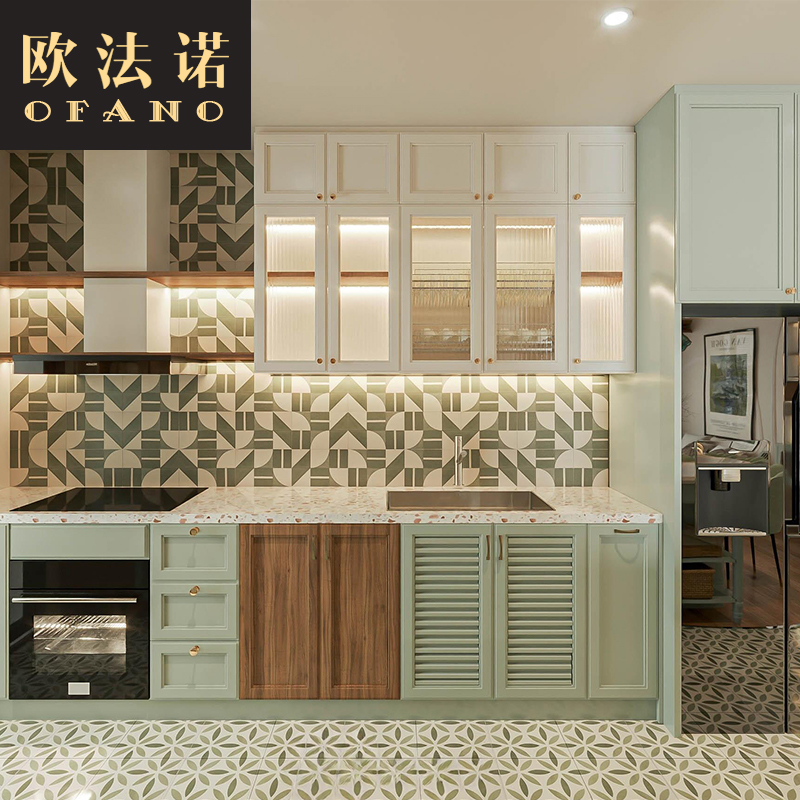 全屋定制中古风绿色橱柜厨房岛台吊柜别墅全屋空间定制工厂定做
