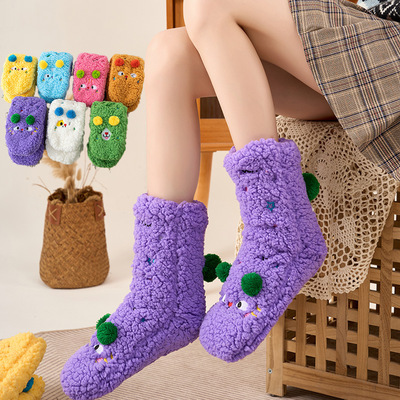 羊羔绒袜子女中筒秋冬季可爱地板袜加绒加厚保暖居家超厚睡眠长袜