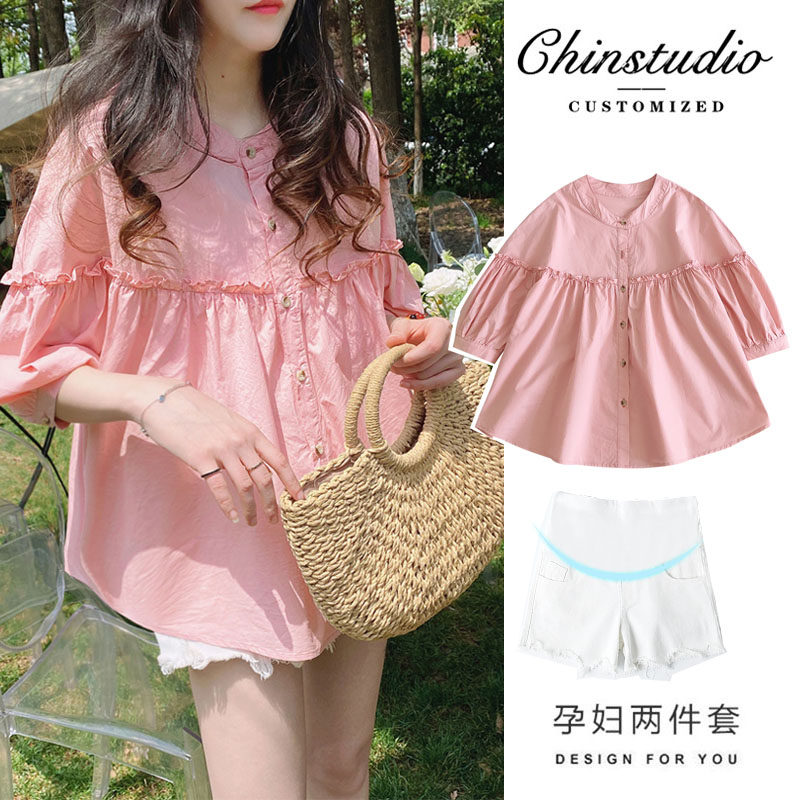 출산 여름 BABYDOLL 셔츠 여름 얇은 반팔 탑 세트 유행 여름 셔츠 2024 새로운 투피스 세트