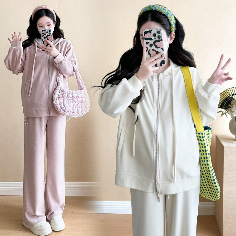 임산부 가을 정장 지퍼 후드 티셔츠 넓은 다리 바지 게으른 투피스 세트 2024 가을 새로운 스타일 임신 착용