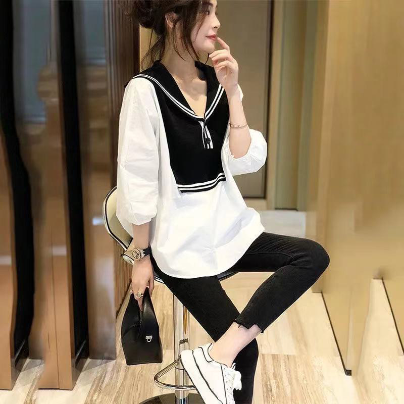 임산부 가을 정장 유행 스타일 2024 새로운 중간 길이 봄 탑 느슨한 인터넷 연예인 투피스 세트 봄 가을 스타일