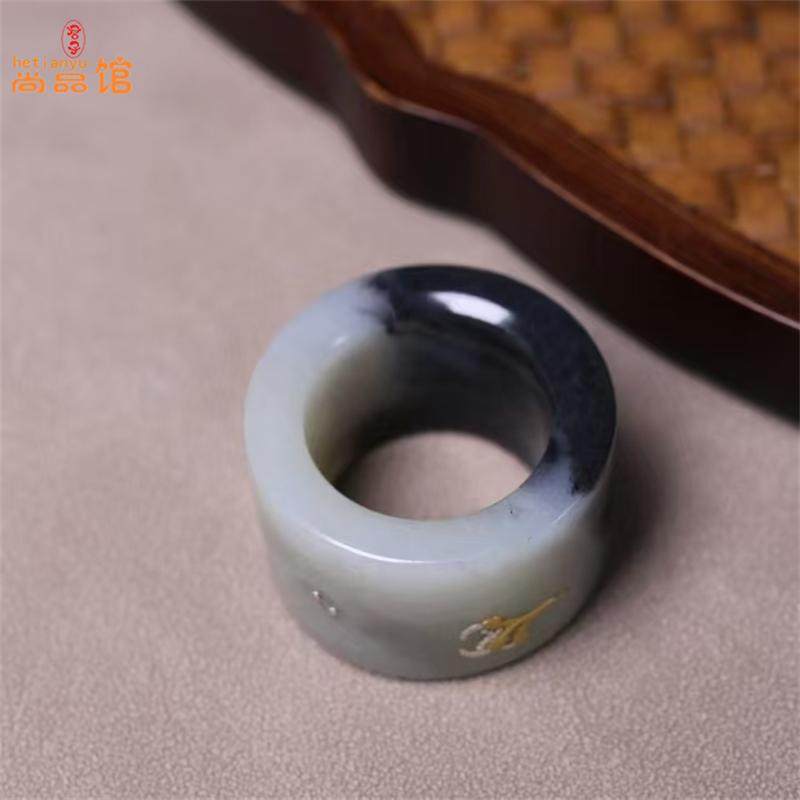和田玉青花扳指新疆叶城墨玉扳指男款内径22mm精品黑白分明玉碟