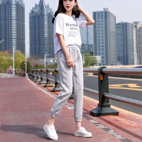 Summer new ins pants female students Korean loose sports pants show thin Harun pants nine point casual pants thin