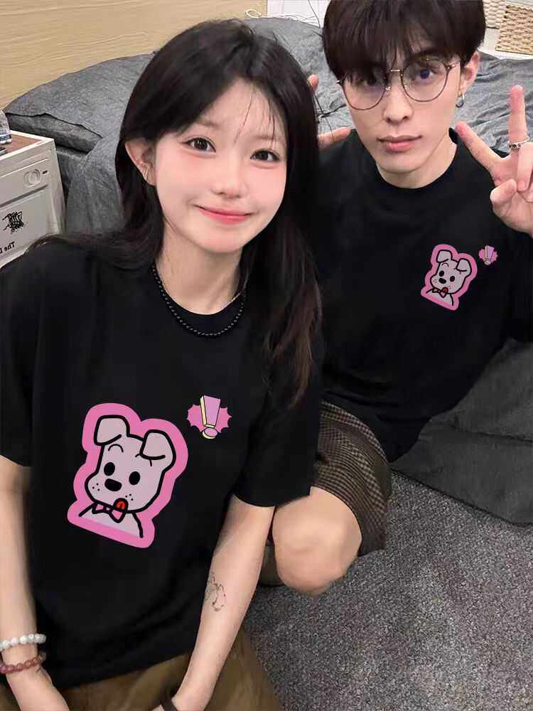 300斤加大码不一样的情侣装T恤2026新款短袖粉色小狗夏装宽松短袖