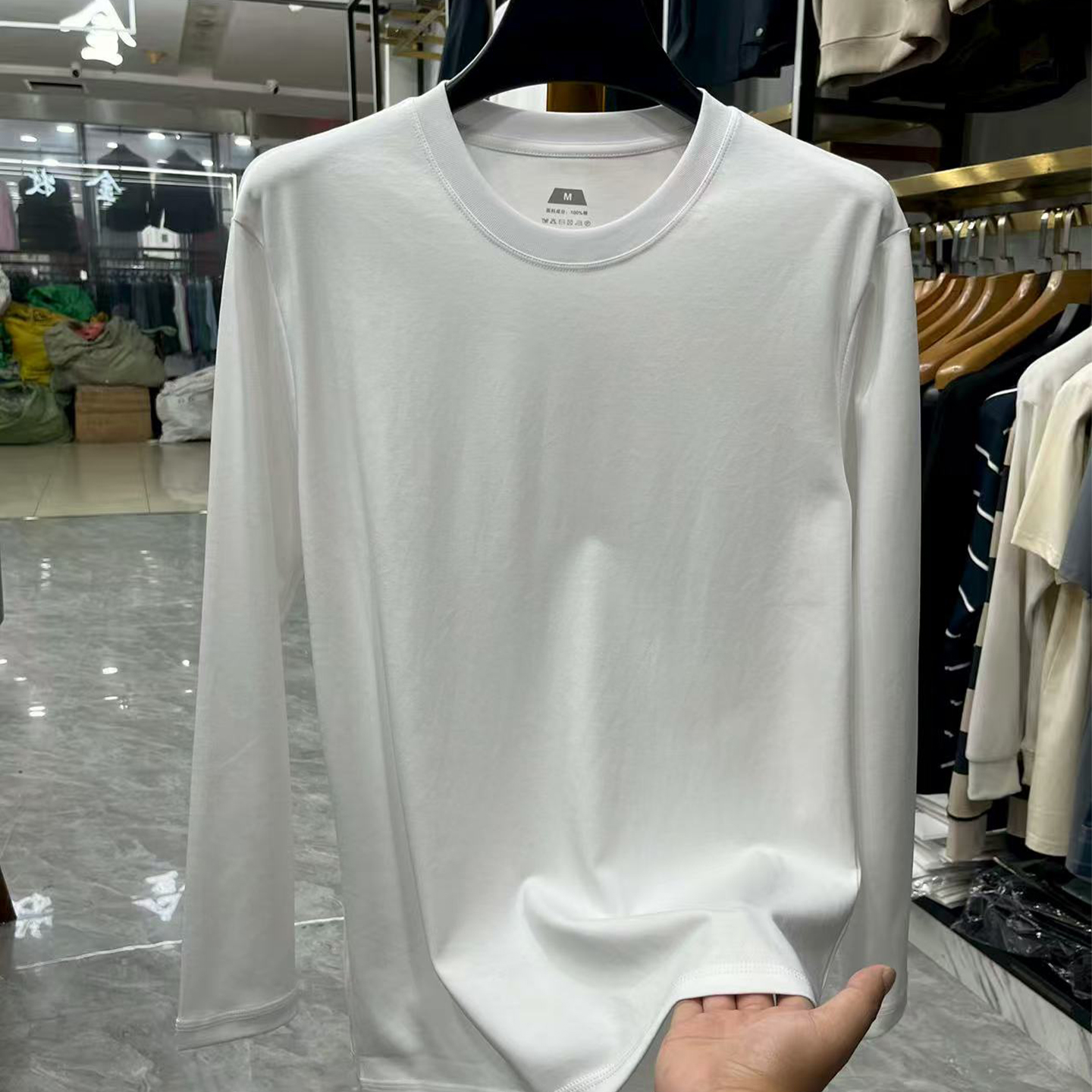 防油污100棉男士长袖白色T恤