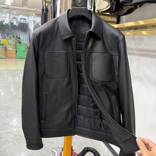 柔软PU皮+鹅绒!翻领皮羽绒男短款黑色羽绒服秋冬保暖外套