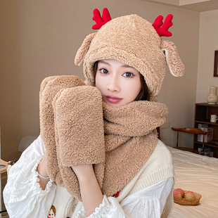 圣诞红鹿角帽子围巾一体女冬季保暖三合一连手套围脖耳朵会动三件