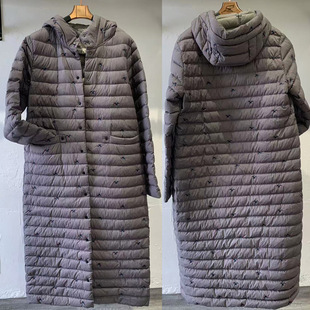 宝L秋冬女装轻薄羽绒服中长款连帽休闲气质百搭显瘦小花复古优雅