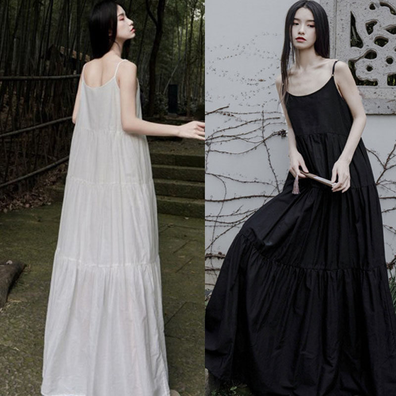 小暖自制 长裙连衣裙 三拼大摆吊带裙纯棉 打底裙气质度假优雅