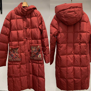 宝L秋冬女装羽绒服中长款刺绣连帽休闲气质文艺显瘦吉祥红