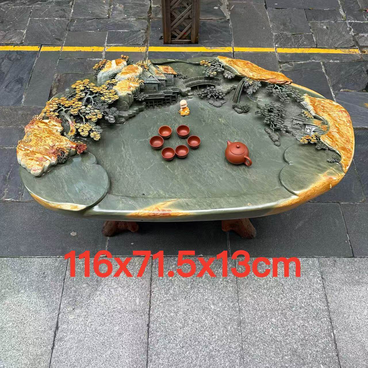 肇庆厂家端石茶盘绿端大号家用茶台茶托功夫茶具茶桌名师精雕山水