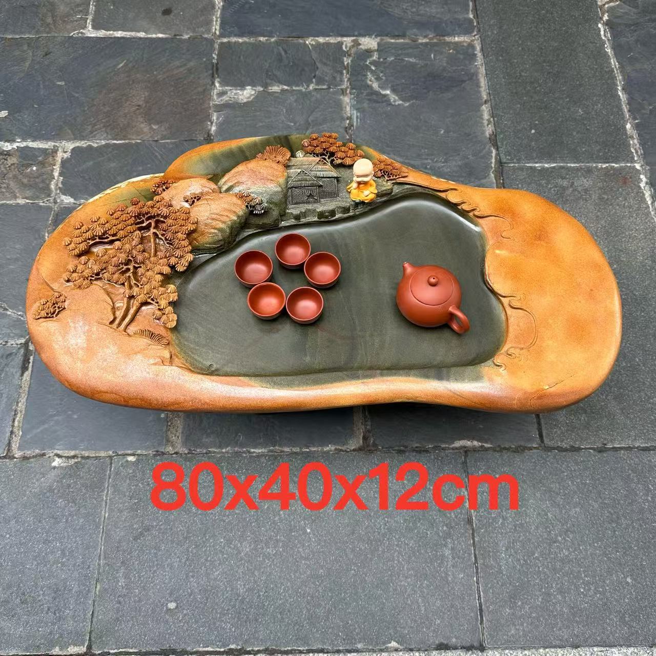 肇庆厂家端砚茶盘绿端禅意复古家用客厅茶桌摆件茶台茶海精雕山水