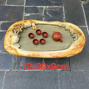 端石茶盘厂家绿端精雕山水家用客厅摆件茶台茶海高档大气金包玉