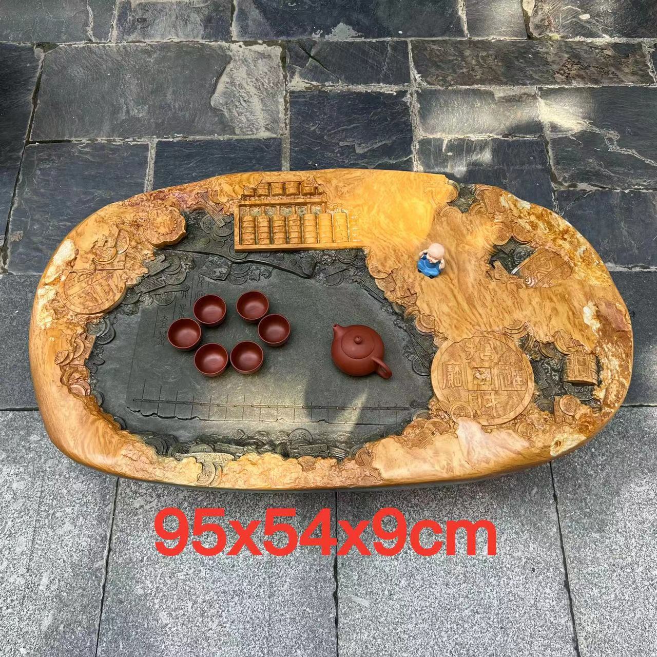 肇庆端砚茶盘天然绿端金包玉手工雕刻复古风格高档大气茶台精品