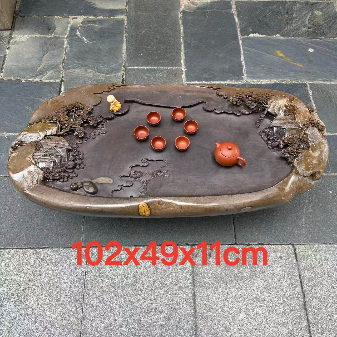 肇庆厂家端石茶盘梅花坑砚石手工精雕山水客厅家用户外茶台茶海