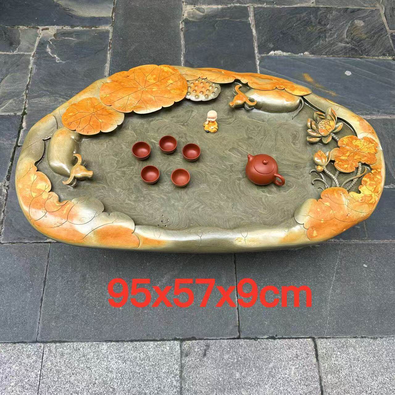 肇庆厂家端石茶盘绿端紫端宋坑创意新奇精雕荷花家用摆件茶台茶海