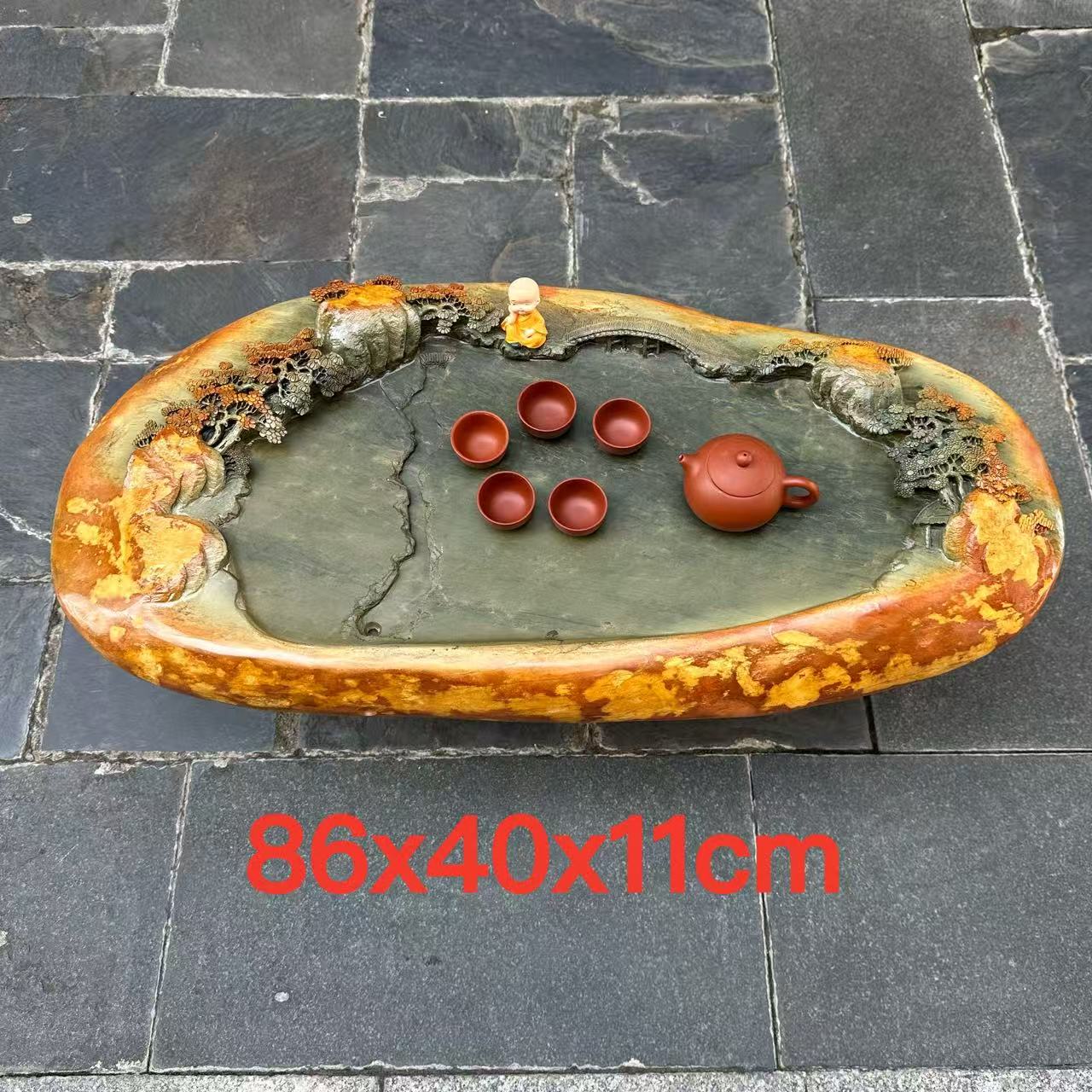 端石茶盘肇庆绿端金包玉高档大气仿古精雕小溪流水客厅茶台茶海