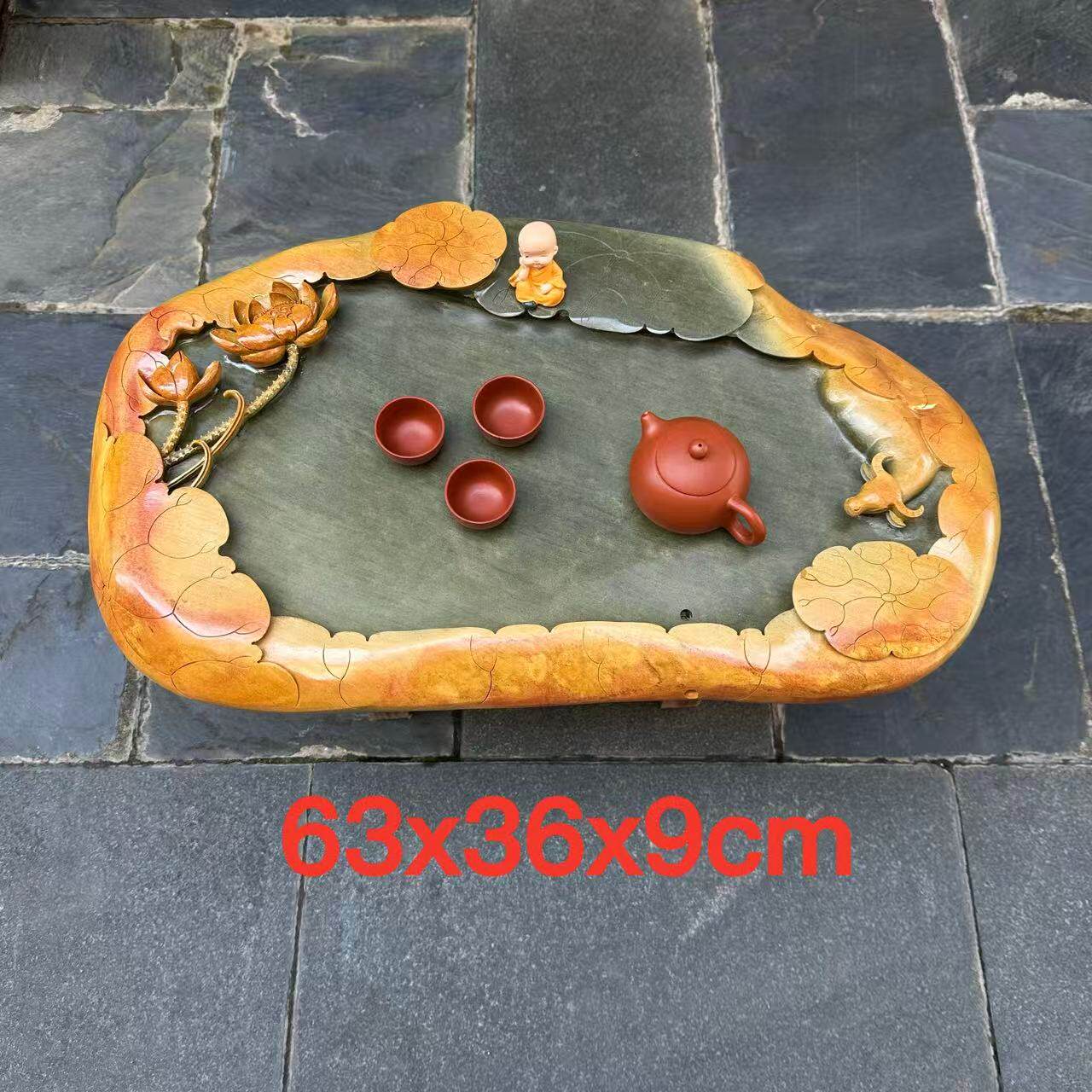 端石茶盘肇庆绿端名师创意精雕荷花家用客厅一体功夫茶台百年茶桌