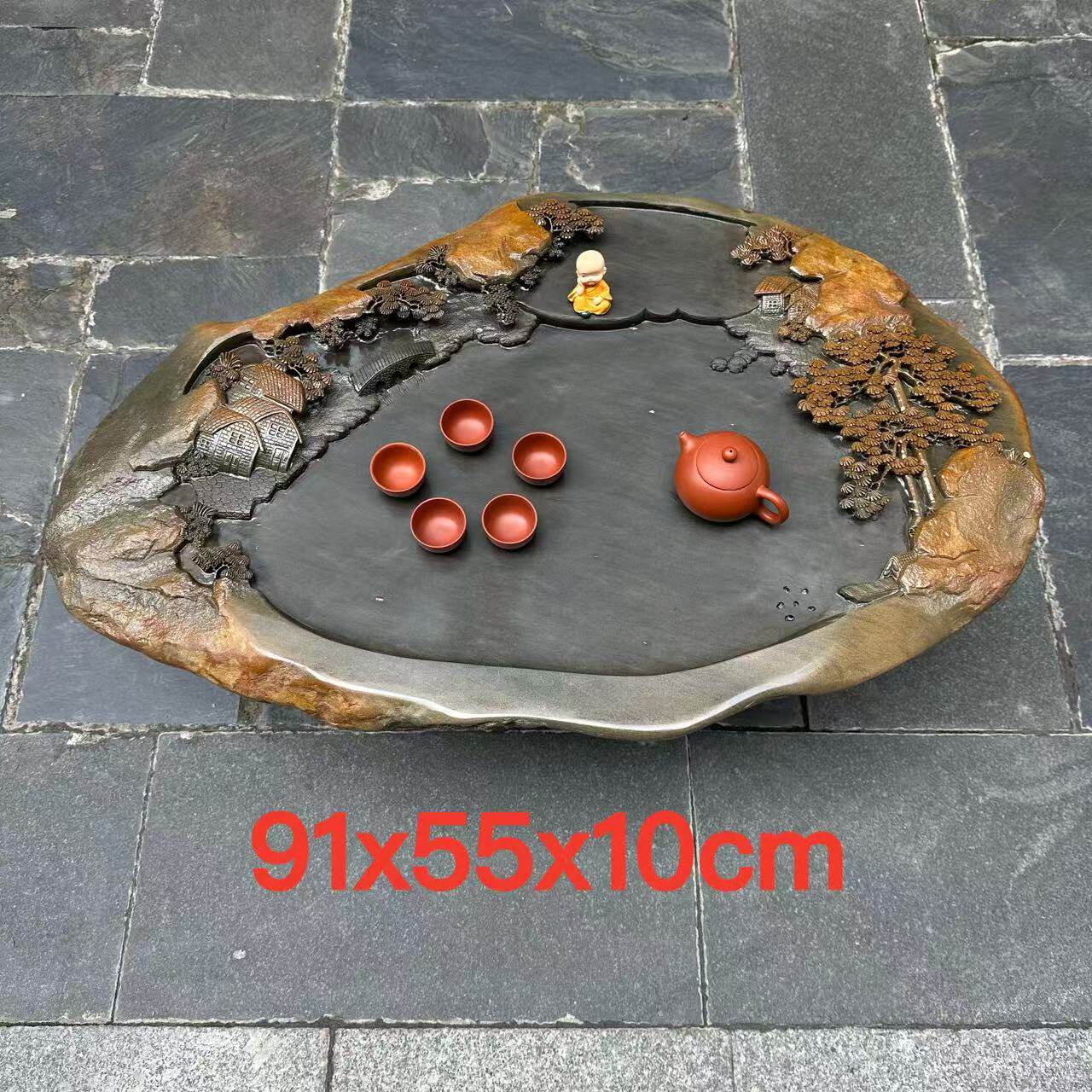 肇庆厂家端砚茶盘天然绿端名师精雕山水随形家用石材茶盘茶海孤品