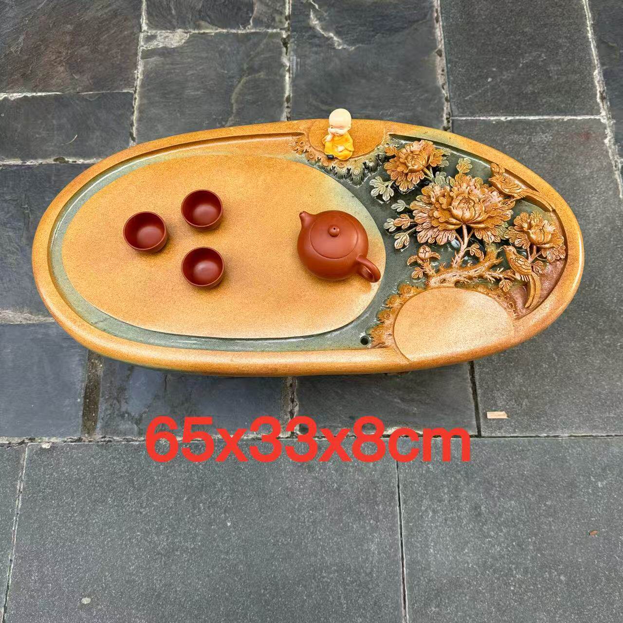 端石茶盘绿端名师创意精雕高档牡丹花干湿分离茶台茶海客厅精品