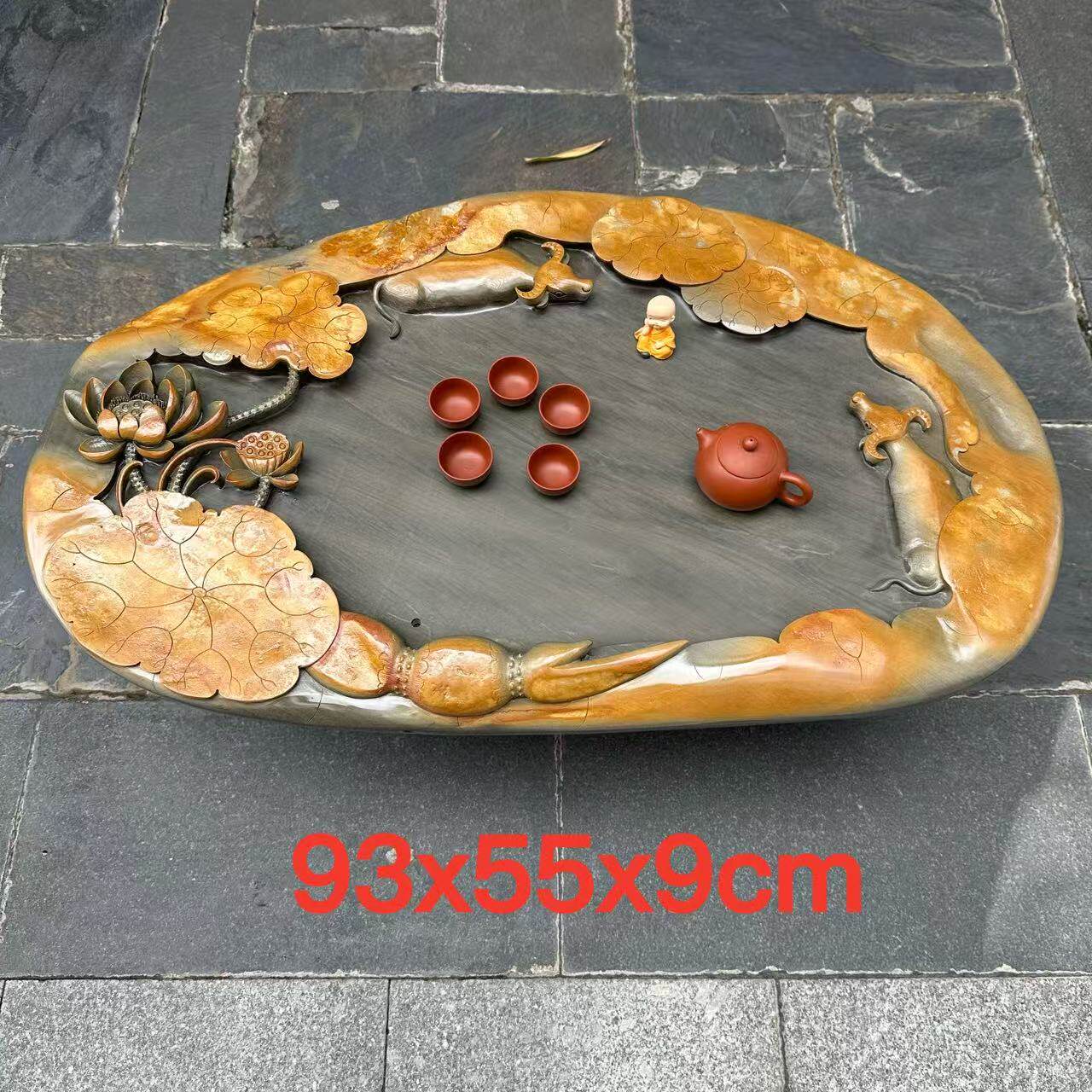 肇庆厂家端石茶盘绿端手工艺名师精雕荷花客厅功夫茶台茶海茶几
