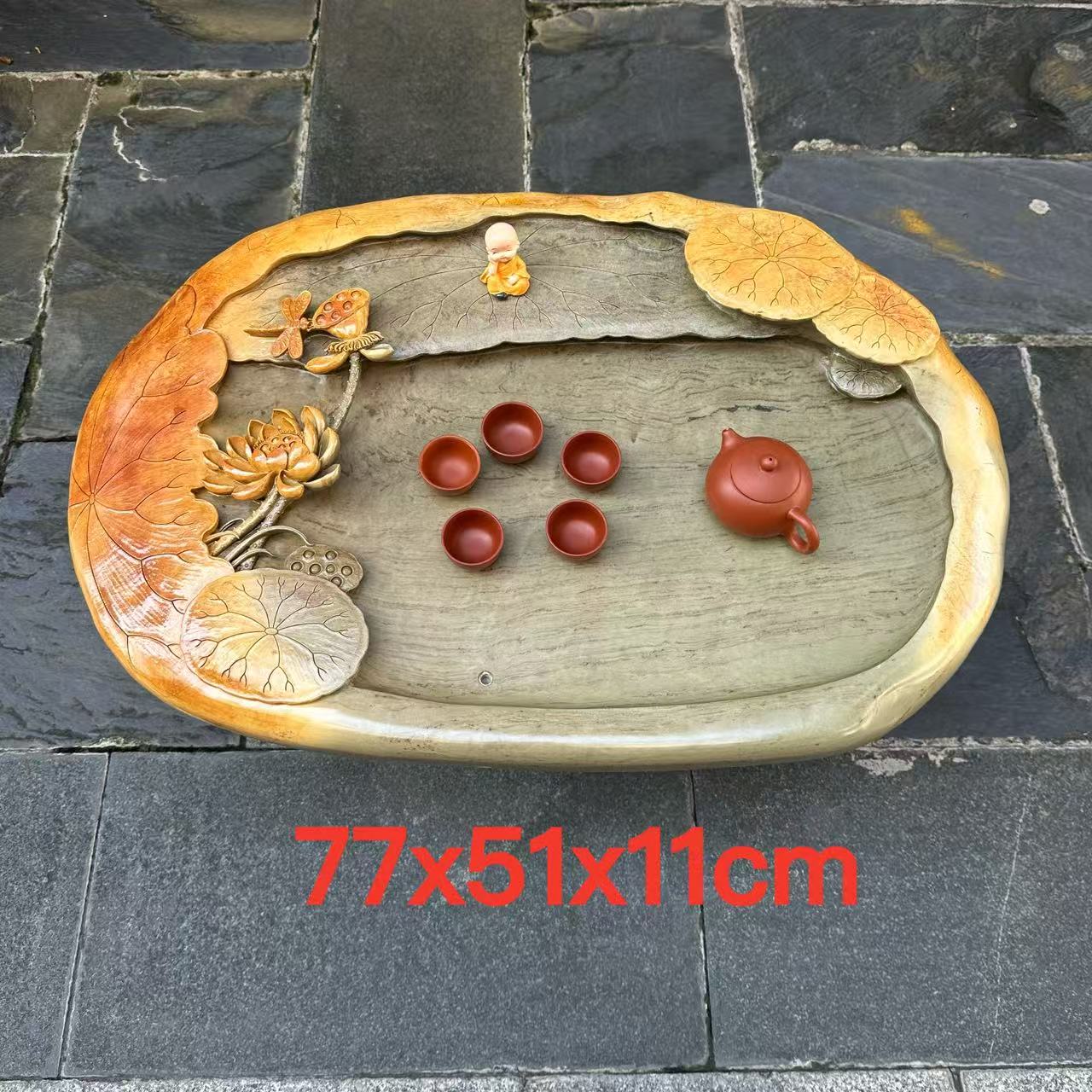 端石茶盘肇庆绿端名师创意精雕荷花高档户外室内茶台茶海客厅精品
