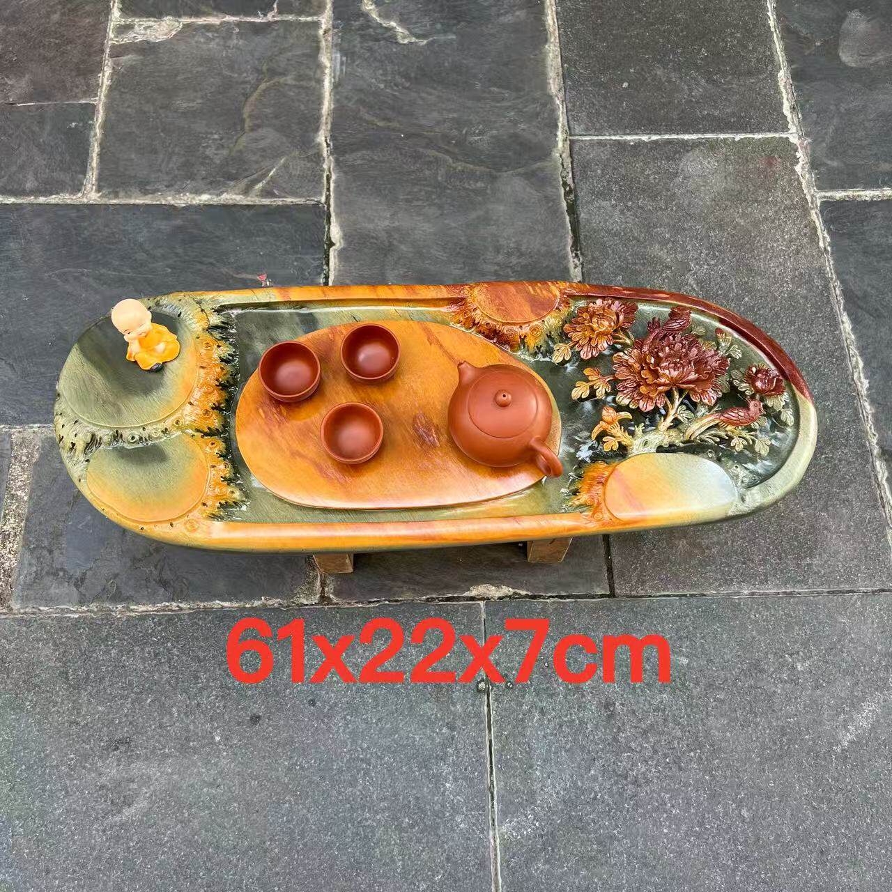 端石茶盘肇庆精品绿端金包玉精雕牡丹花高档客厅办公室茶台茶海