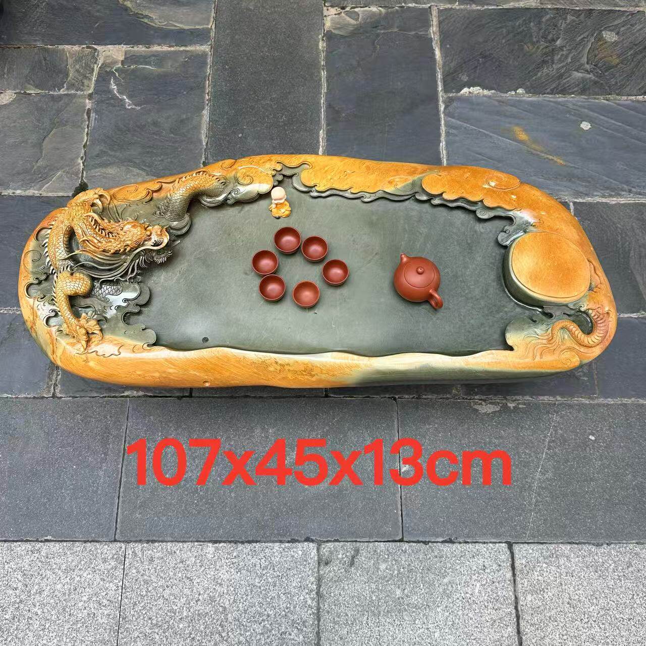 厂家端砚茶盘绿端精雕龙盘家用客厅办公室户外茶室百年茶台茶海