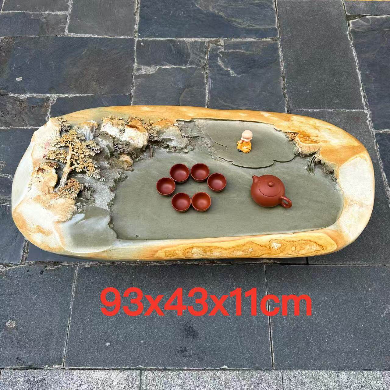 肇庆厂家端砚茶盘天然绿端金包玉客厅创意新奇精雕山水茶台茶海