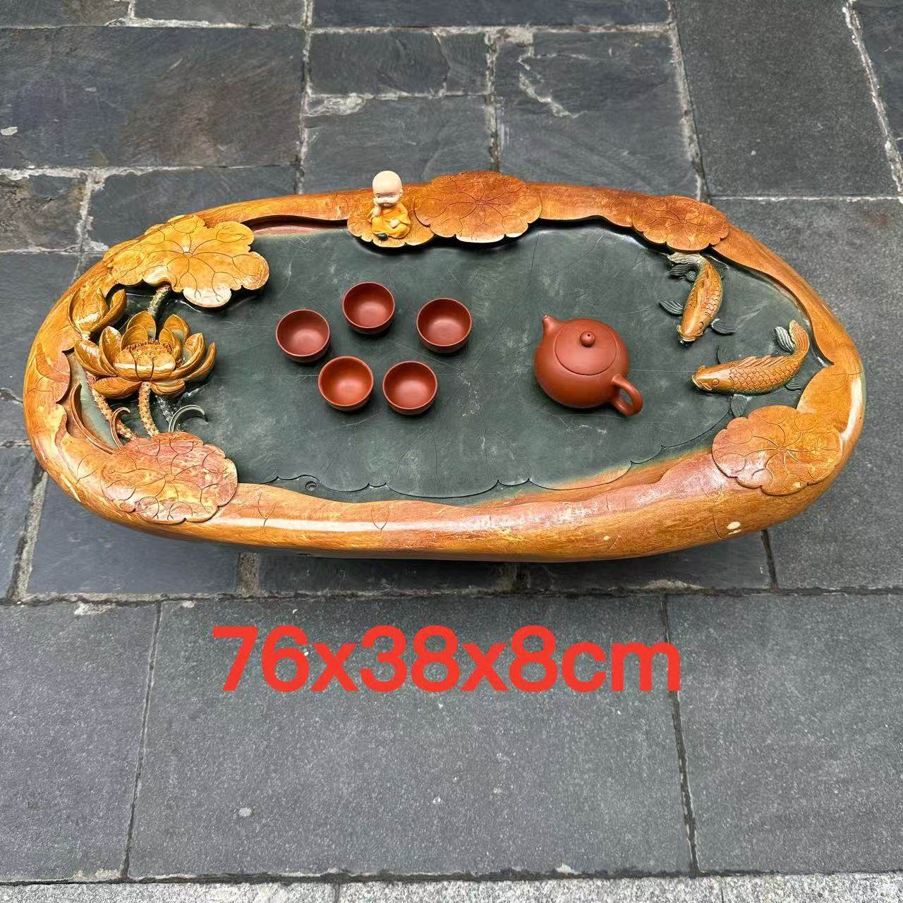 肇庆端砚茶盘绿端金包玉客厅办公室茶台茶海手工雕刻荷花禅意复古