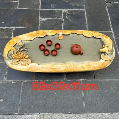 肇庆厂家端石茶盘绿端金包玉荷花仿古高档家用功夫茶台茶海精品