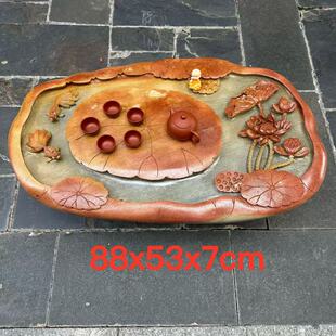 肇庆厂家端石茶盘绿端手工雕刻荷花干湿分离家用功夫茶台茶海精品