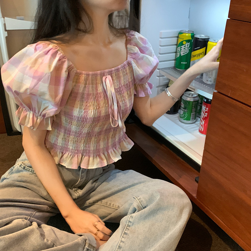 Real price! Colorful Plaid Square Neck Lace Up pleated shirt women's versatile top