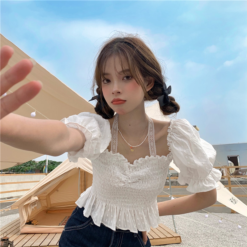 Real price off shoulder foam sleeve Waist Chiffon Top