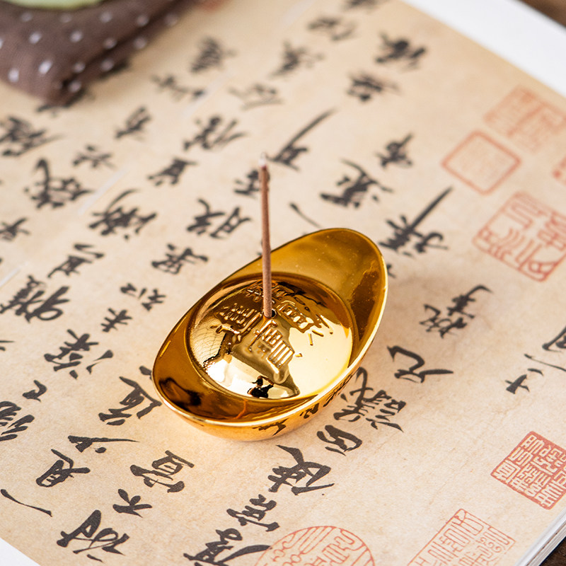 金色陶瓷招财元宝香插茶宠摆件