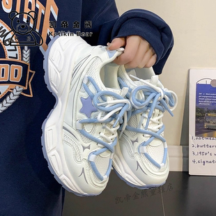 超火鞋子女童老爹鞋增高2026秋季流行女孩系带儿童运动鞋蓝色百搭