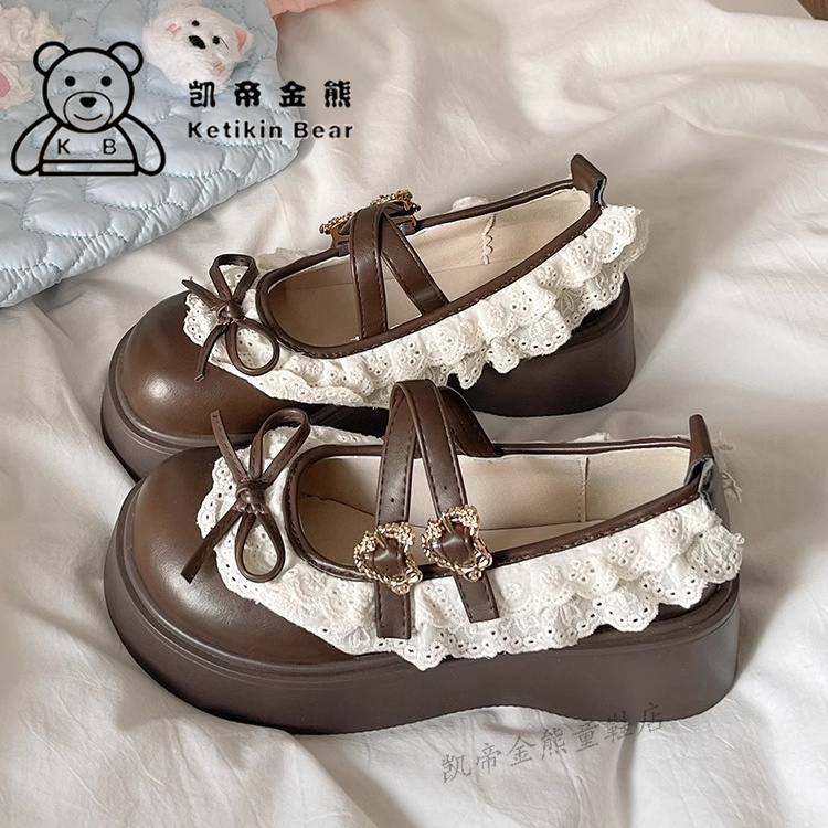 女童小皮鞋棕厚底蕾丝边单鞋复古
