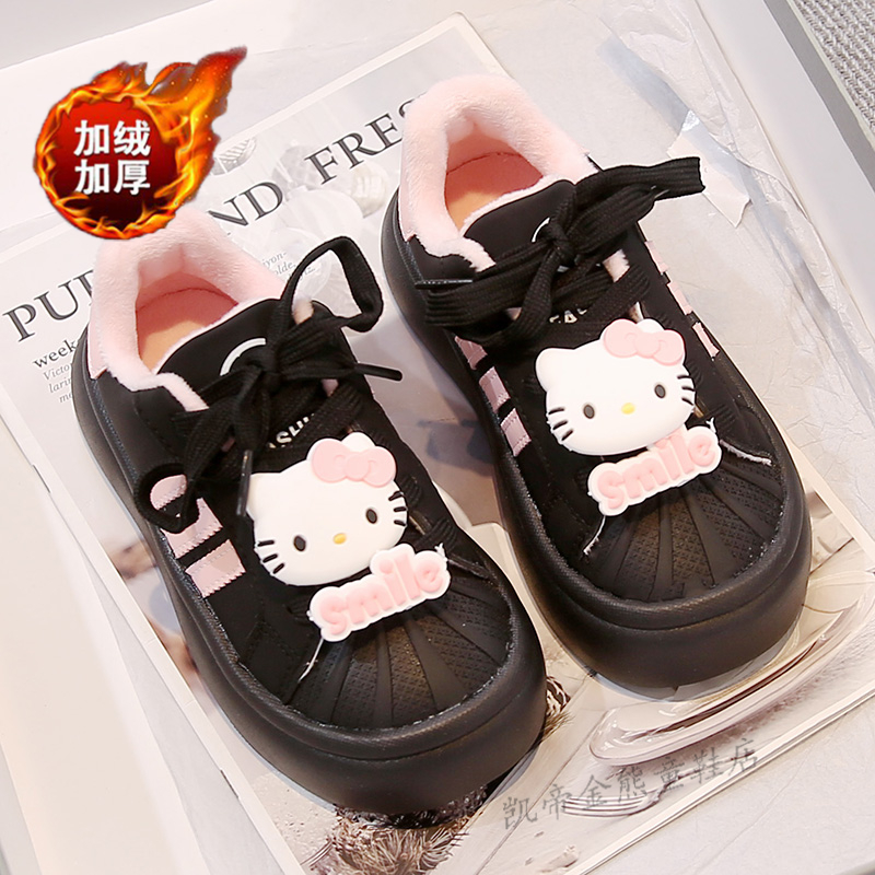 儿童运动鞋2025新款冬季加绒女童棉鞋KT猫板鞋系带大头鞋保暖二棉