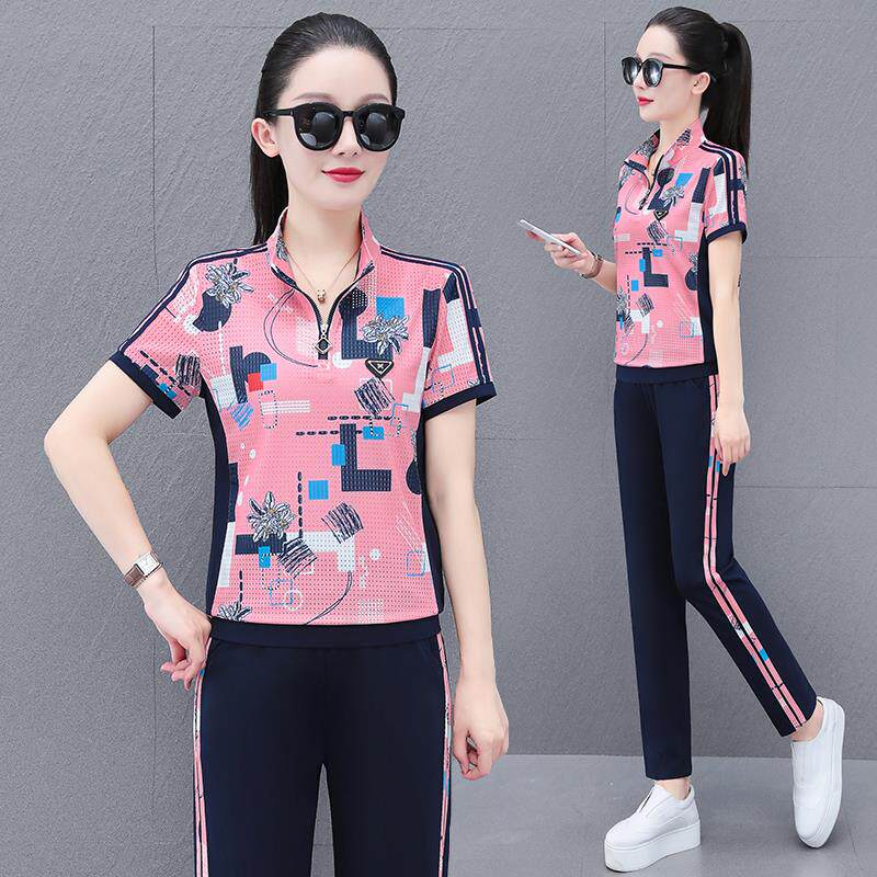 休女闲运动套装夏新宽松167-FS61速干夏装薄款短袖花色步服拼跑色