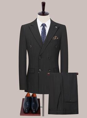 秋季休三件戗驳领6150-L西装韩版条纹黑色礼闲服修身男套式西套服