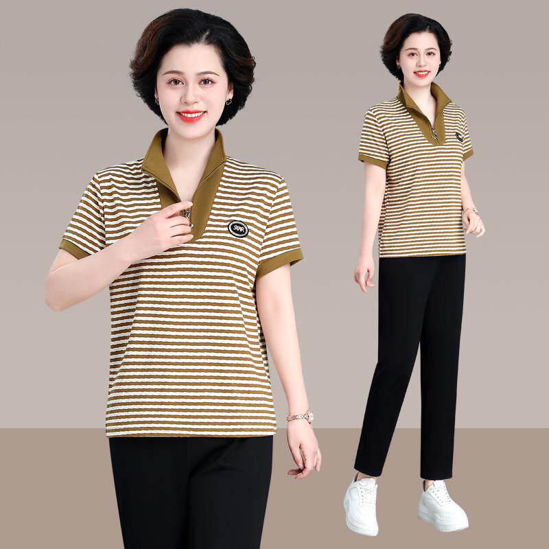妈妈动薄服套时装运中老年女装夏装短袖恤女尚90495554休闲两件套