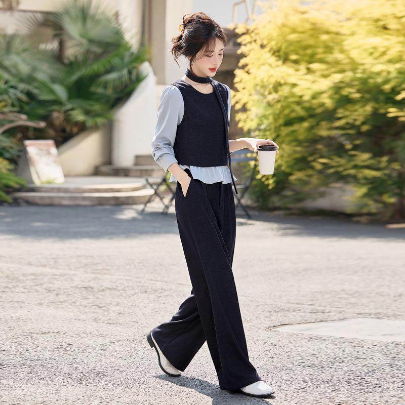 时尚女秋季新款女装飘带套接洋KX8505-0气衬衫阔装腿裤拼两件套,女装/女士精品,时尚套装,淘宝优惠券,粉丝福利购,淘宝优惠卷