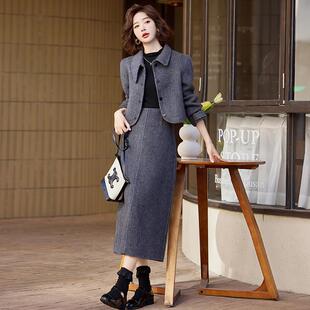 时尚休闲装秋冬新款女装裙韩版面双ZQ37羊毛呢外套半身两套件套裙